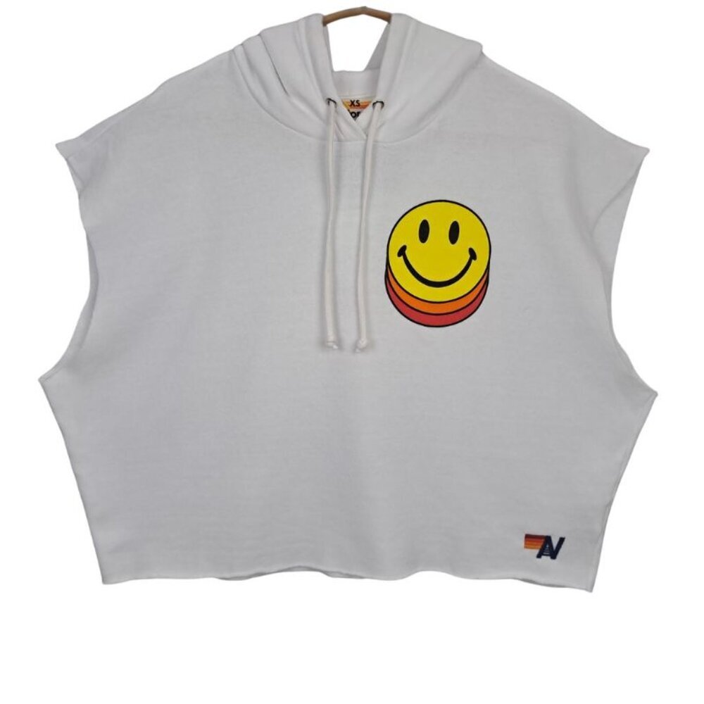 NEW Aviator Nation Smiley Sunset Relaxed Cropped Pullover Hoodie - White Size XS - Picture 3 of 9